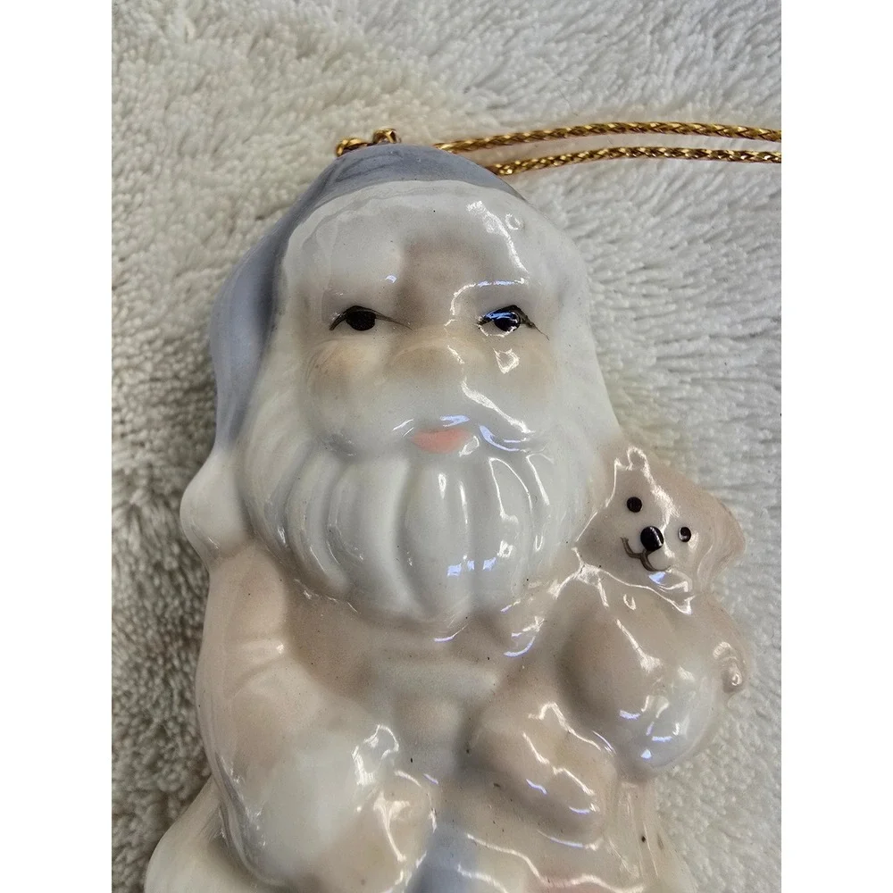 Vintage Ceramic Santa Claus Ornament Pastel Blue Tan Porcelain Christmas Decor